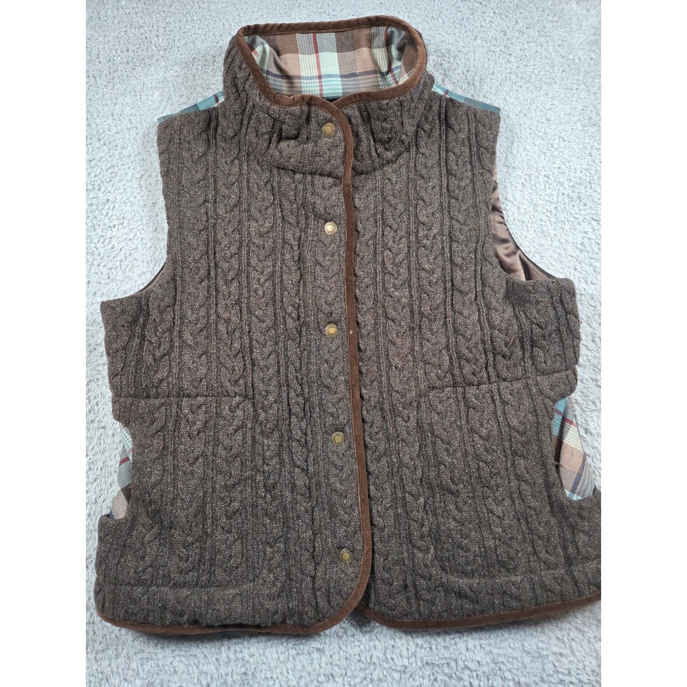 Pendleton Vest XL Brown Women Cable Knit Lambswool Plaid Virgin Wool Mixed Media